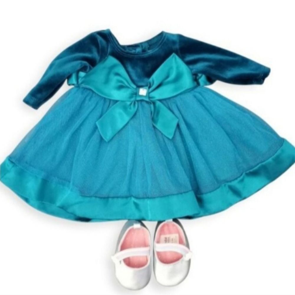 Youngland Teal Velvet Baby Dress with Bow and Silver Shoes Sz. 0-3mo. EUC.